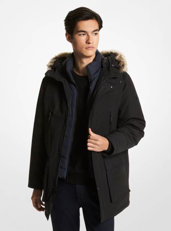Panske Bundy Michael Kors Benson Faux Fur Trim Woven Parka Čierne - Oblecenie Michael Kors Obchod | JZNUX-5718